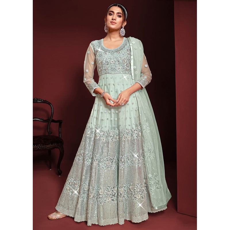 Festive Party Style Light Blue Embroidered Net Anarkali Gown