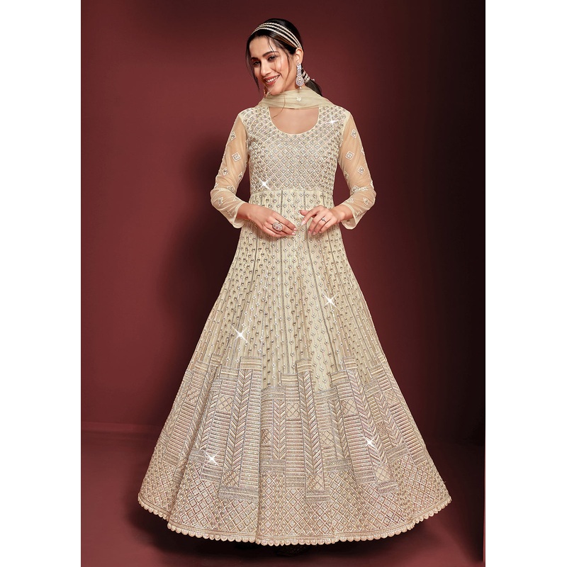 Festive Party Style Light Cream Embroidered Net Anarkali Gown