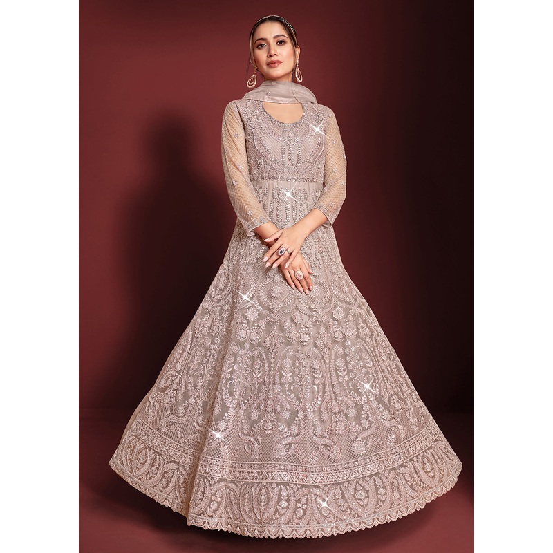 Festive Party Style Mauve Embroidered Net Anarkali Gown