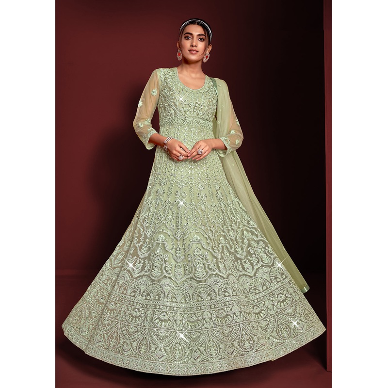 Festive Party Style Sea Green Embroidered Net Anarkali Gown