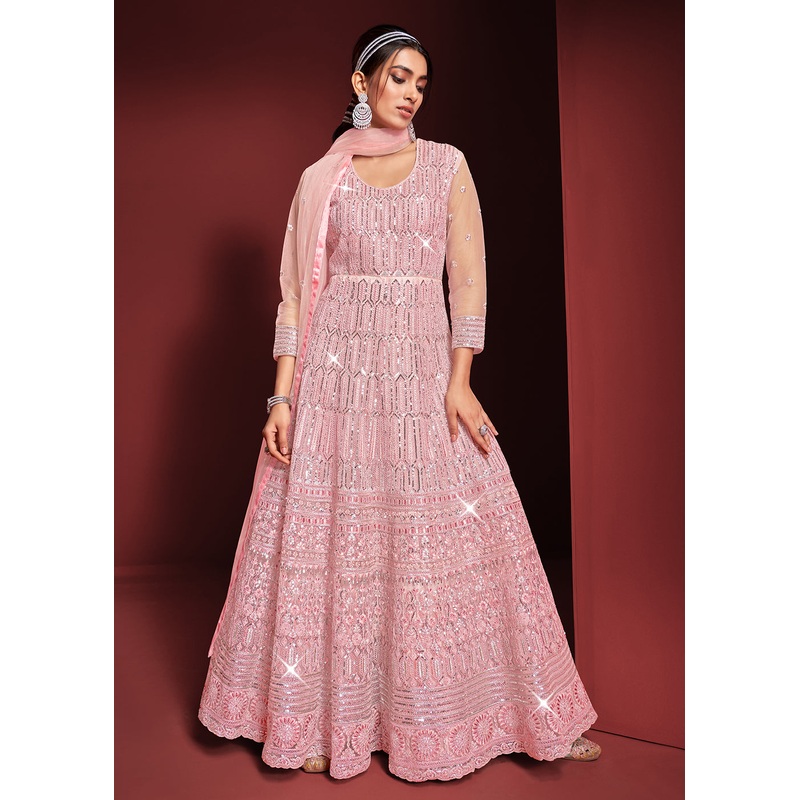 Festive Party Style Soft Pink Embroidered Net Anarkali Gown