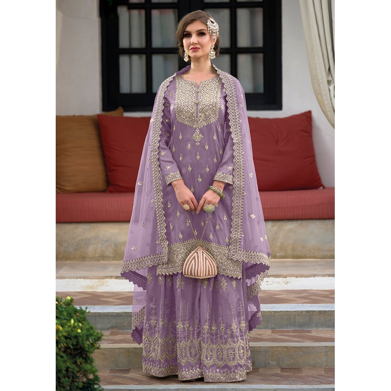 Festive Trendy Lavender Heavy Silk Sharara Suit