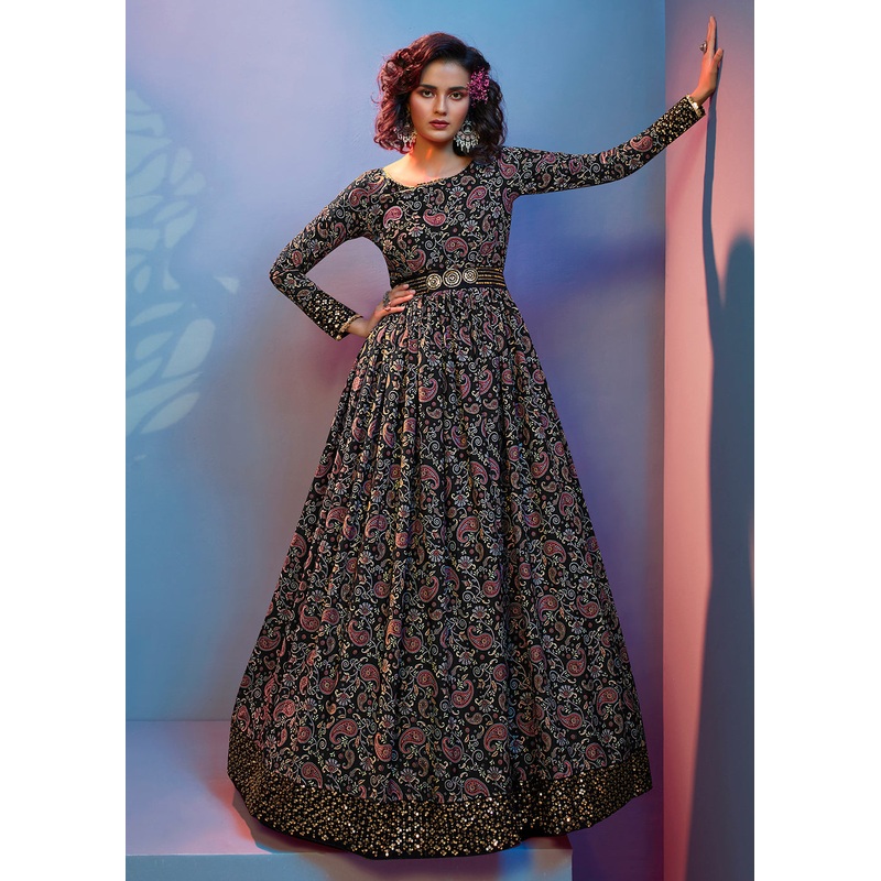 Floral Printed Exquisite Black Crepe Wedding Festive Party Gown