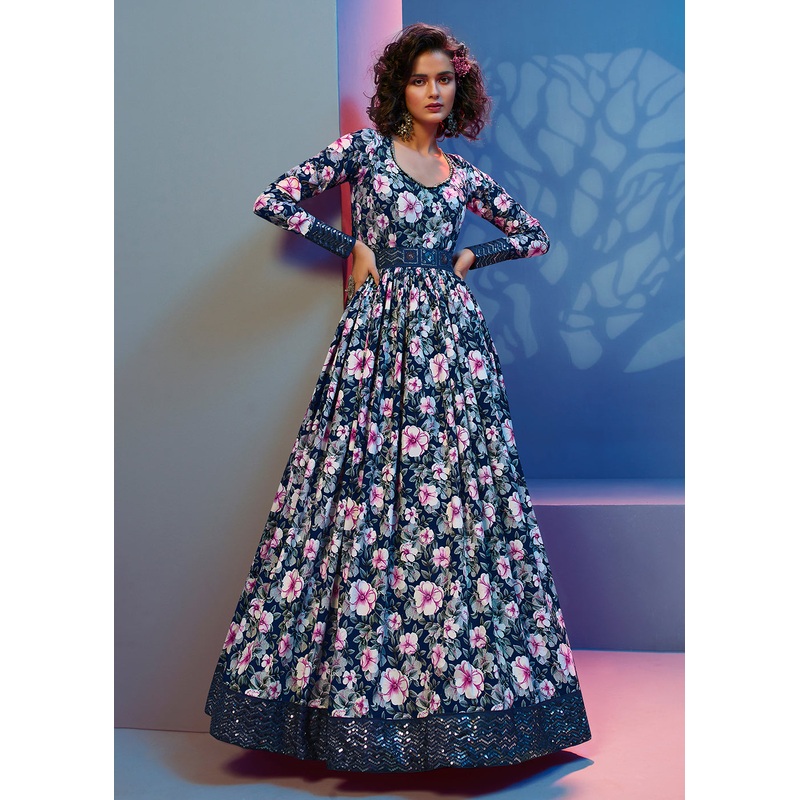 Floral Printed Glorious Blue Crepe Wedding Festive Party Gown