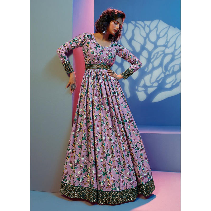 Floral Printed Magnificent Lavender Crepe Wedding Festive Party Gown