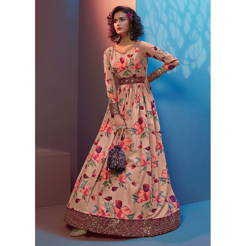 Floral Printed Marvelous Peach Crepe Wedding Festive Party Gown
