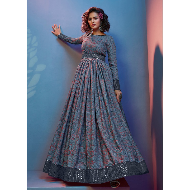 Floral Printed Splendid Grey Crepe Wedding Festive Party Gown