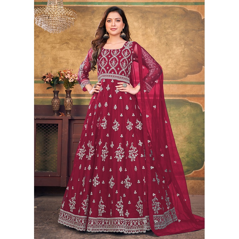 Function Look Beguiling Hot Maroon Net Anarkali Suit