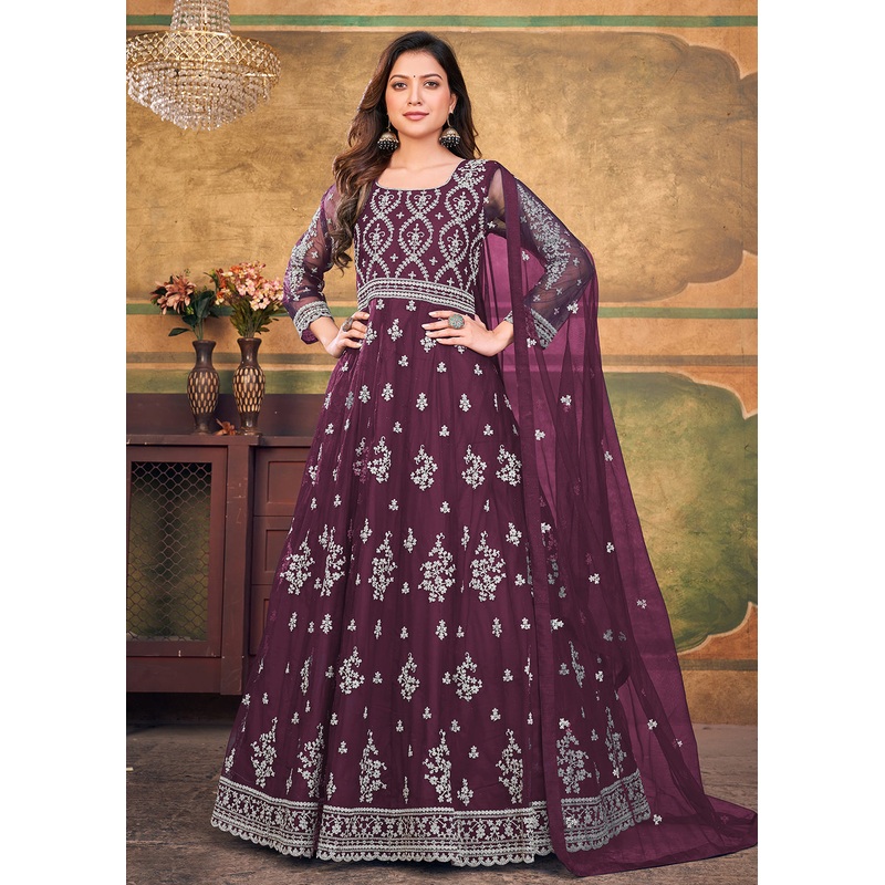 Function Look Classic Wine Plum Net Anarkali Suit