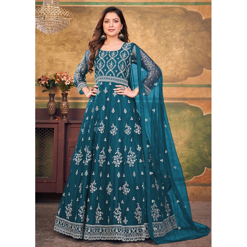 Function Look Engaging Teal Blue Net Anarkali Suit