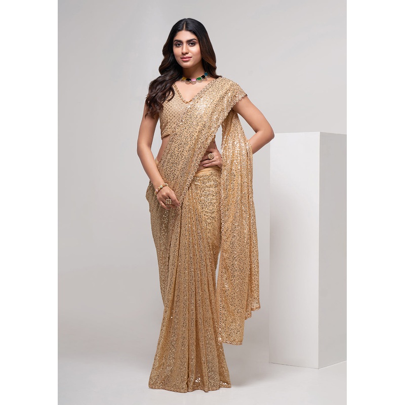 Gold Beige Thread & Multi Sequins Work Party Wear Saree