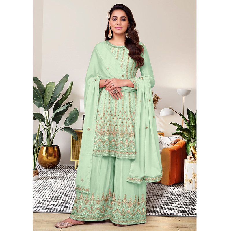 Heavy Chinon Gorgeous Aqua Green Festive Look Palazzo Salwar Suit