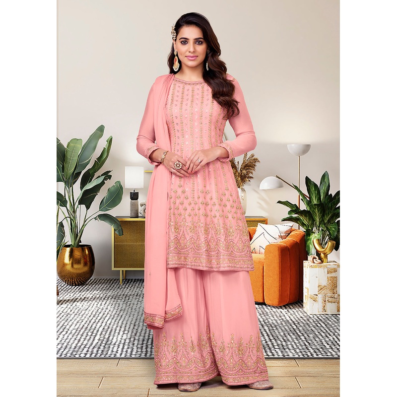 Heavy Chinon Gorgeous Pink Festive Look Palazzo Salwar Suit