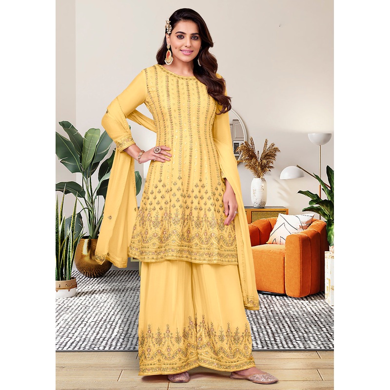 Heavy Chinon Gorgeous Yellow Festive Look Palazzo Salwar Suit