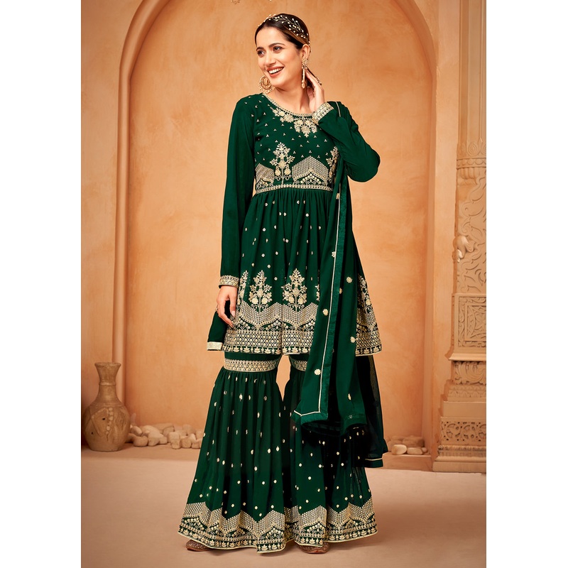 Imperial Dark Green Embroidered Wedding Festive Gharara Suit