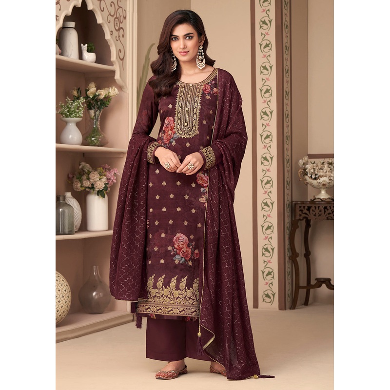 Jacquard Silk Awesome Burgundy Digital Printed Salwar Suit