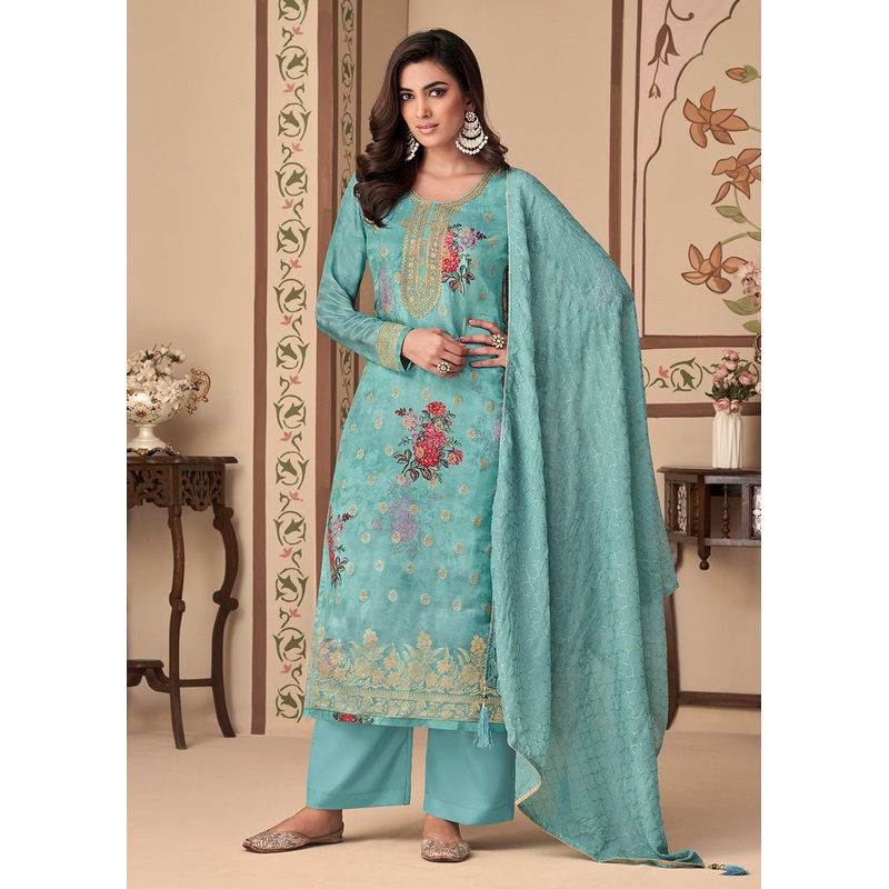 Jacquard Silk Beatific Aqua Blue Digital Printed Salwar Suit
