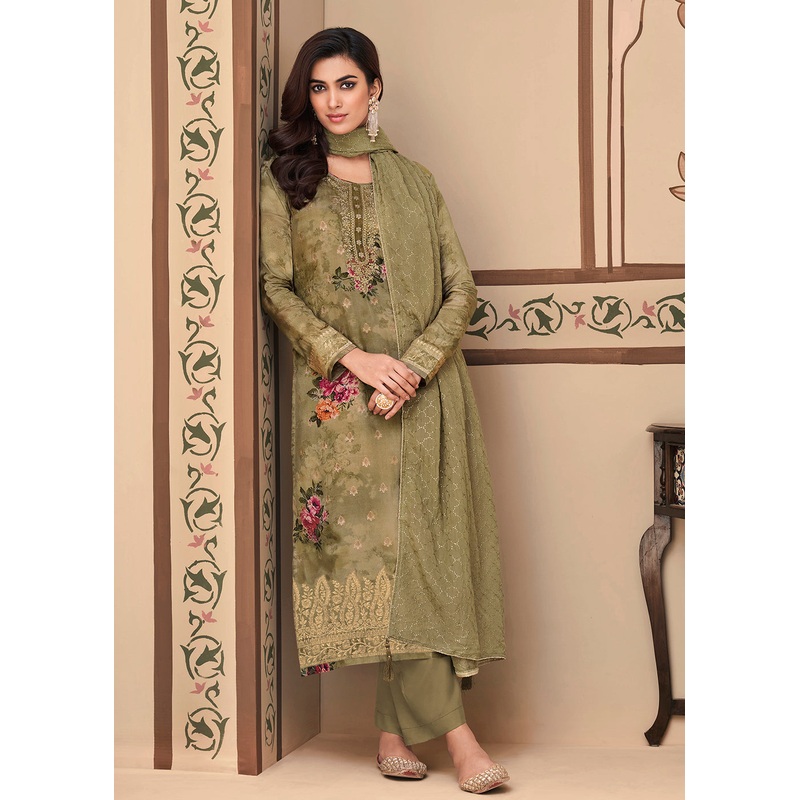 Jacquard Silk Classic Olive Green Digital Printed Salwar Suit