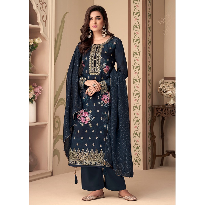 Jacquard Silk Elegant Navy Blue Digital Printed Salwar Suit