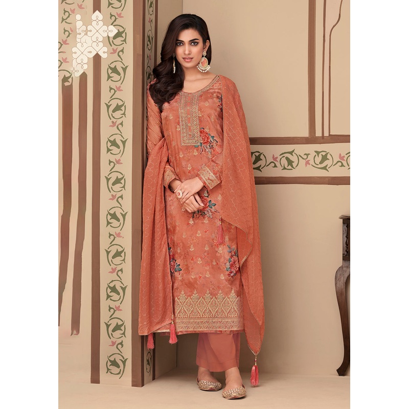 Jacquard Silk Inventive Orange Digital Printed Salwar Suit