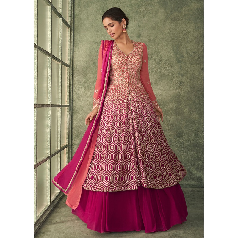 Lehenga Style Ombre Pink & Magenta Kurti Style Anarkali