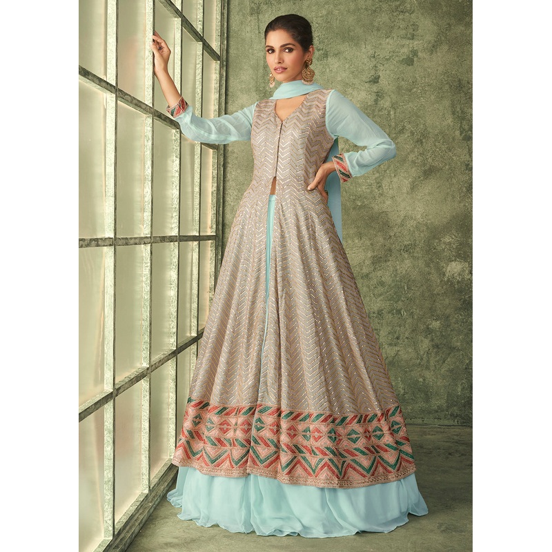 Lehenga Style Sky Blue & Beige Front Slit Anarkali Suit