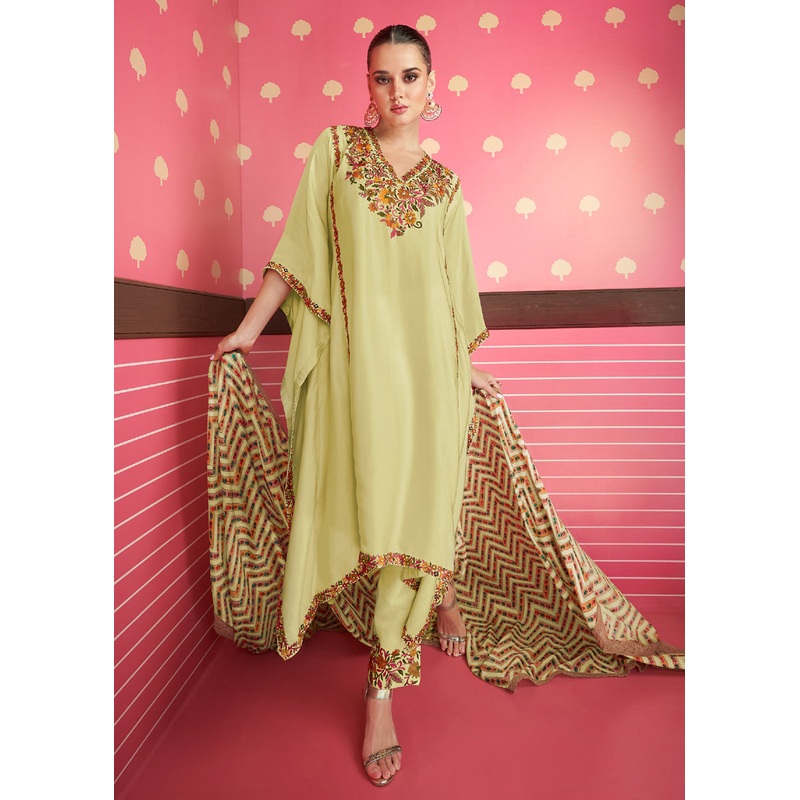 Lime Yellow Silk Satin Kaftan Style Chinon Pant Style Suit