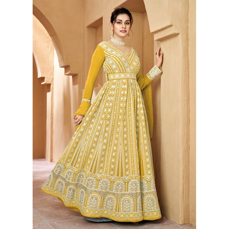 Lucknowi Floor Length Corn Yellow Ethnic Anarkali Suit