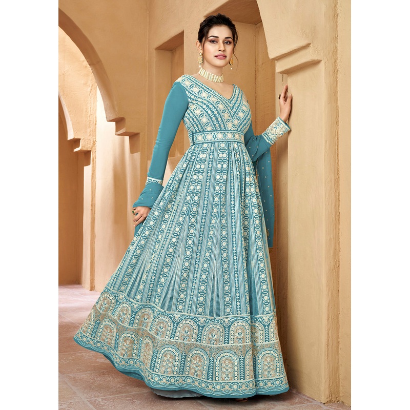 Lucknowi Floor Length Olympic Blue Ethnic Anarkali Suit
