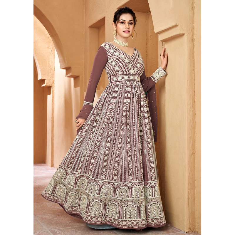 Lucknowi Floor Length Walnut Brown Ethnic Anarkali Suit