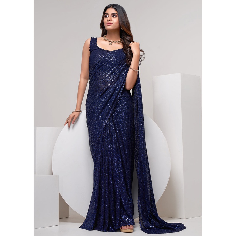 Navy Blue Thread & Multi Sequins Work Party Wear Saree
