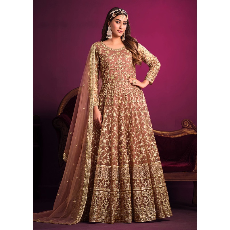 Net Brownish Peach Floor Length Ceremonial Anarkali Suit