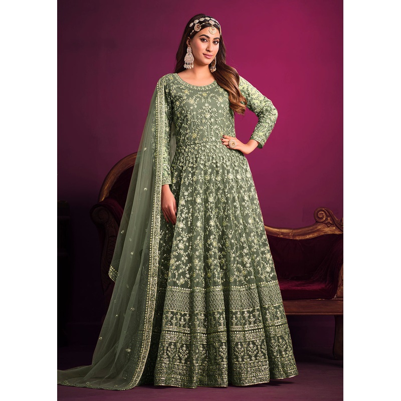 Net Engaging Green Floor Length Ceremonial Anarkali Suit
