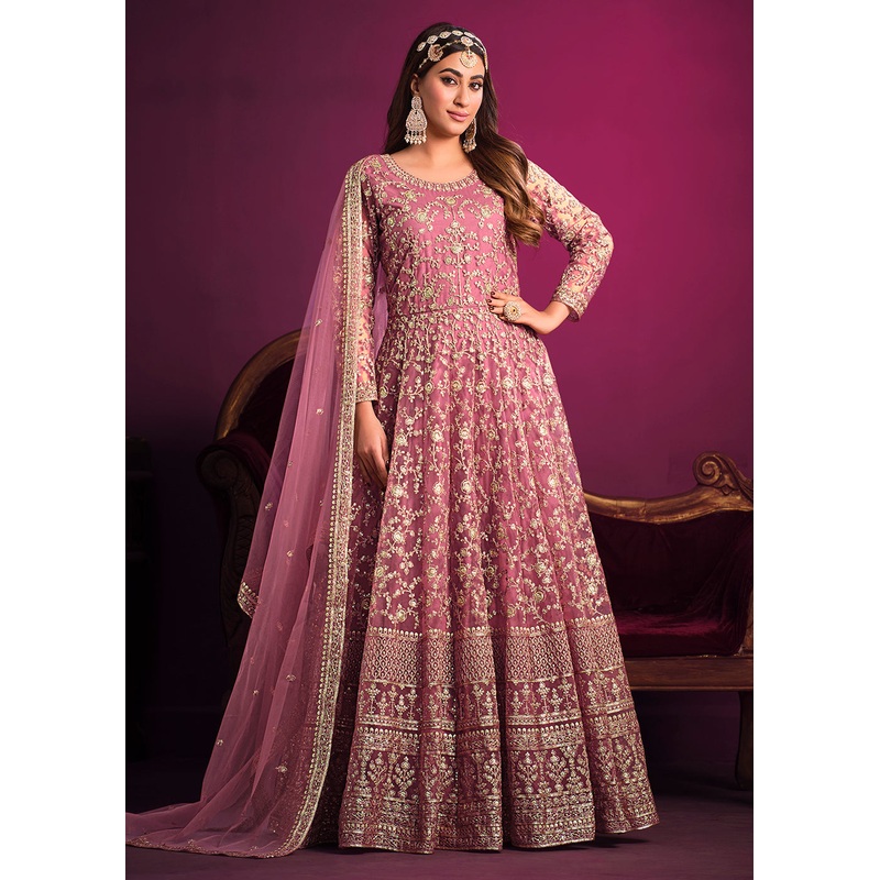 Net Tempting Pink Floor Length Ceremonial Anarkali Suit
