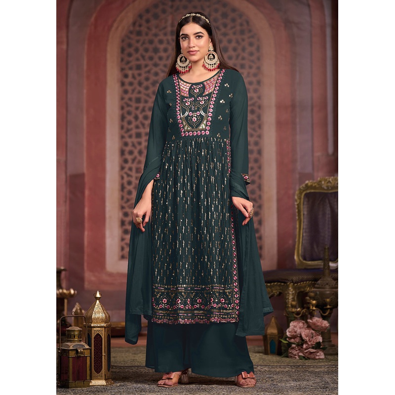 Nyra Cut Style Graceful Greyish Blue Festive Palazzo Suit