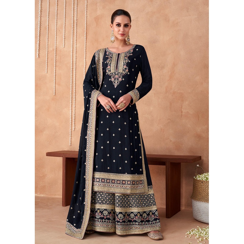 Palazzo Style Dark Blue Georgette & Chinon Salwar Suit