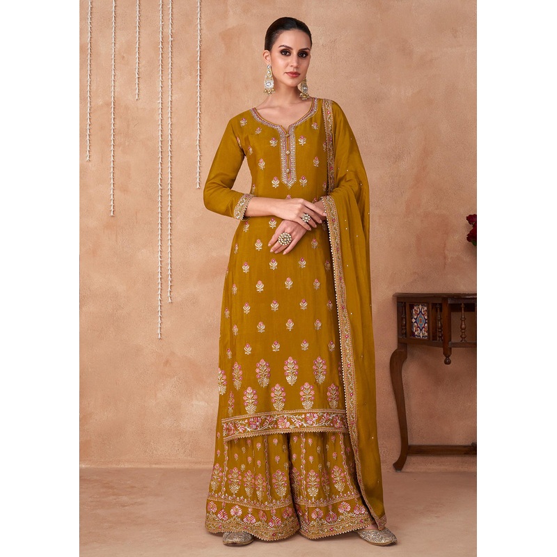 Palazzo Style Mustard Yellow Georgette & Chinon Salwar Suit