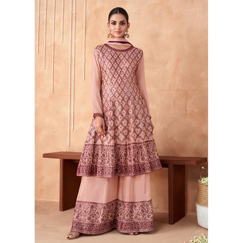 Palazzo Style Peachy Pink Georgette & Chinon Salwar Suit