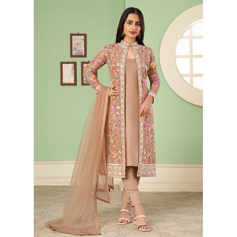 Pant Style Charismatic Light Brown Party Wear Jacket Style Salwar Suit