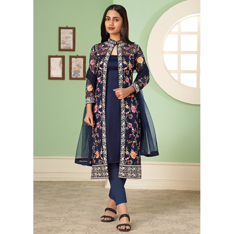 Pant Style Enchanting Blue Party Wear Jacket Style Salwar Suit