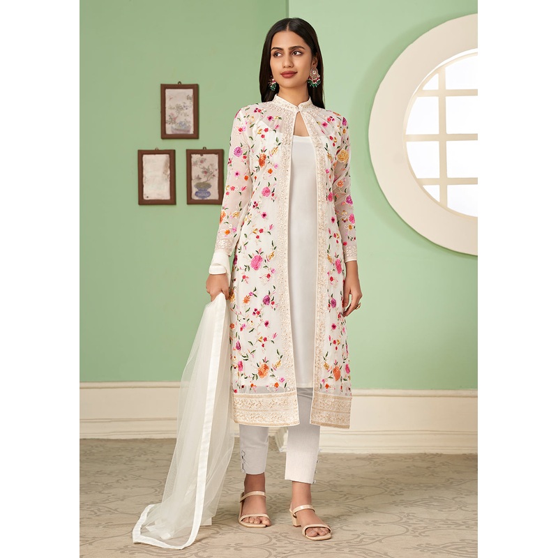 Pant Style Seductive Off-White Party Wear Jacket Style Salwar Suit