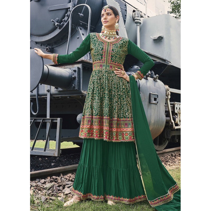 Party Style Admirable Green Chinon Palazzo Style Suit