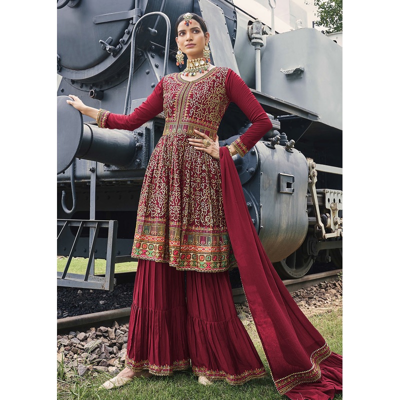 Party Style Divine Maroon Chinon Palazzo Style Suit