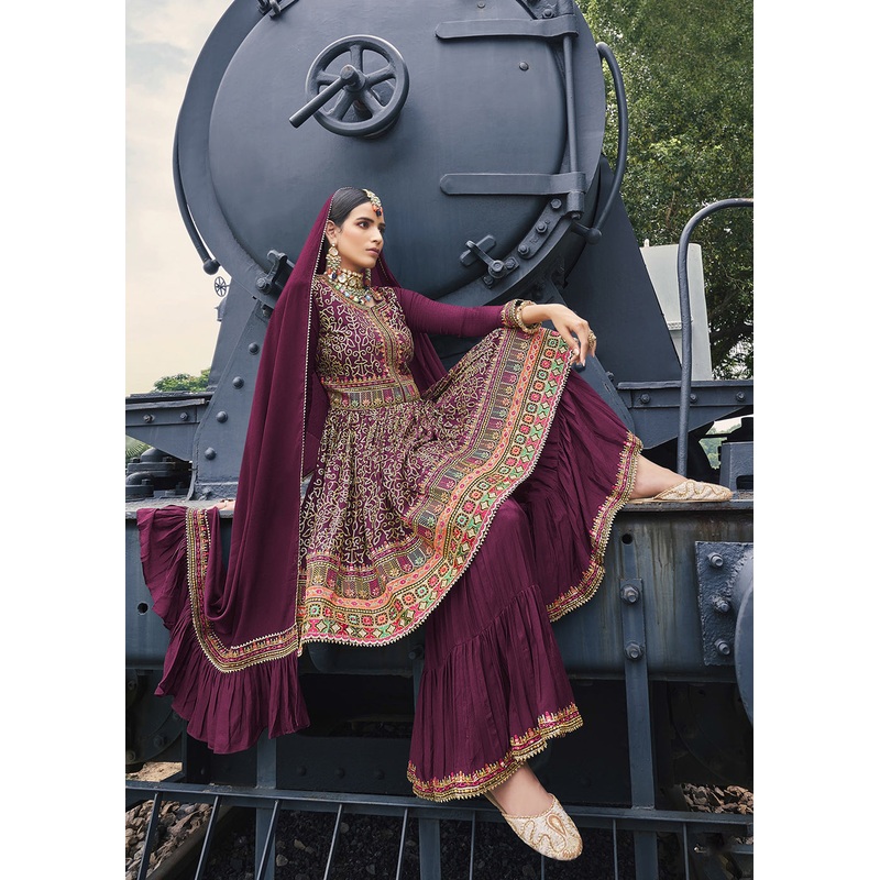 Party Style Solid Purple Chinon Palazzo Style Suit
