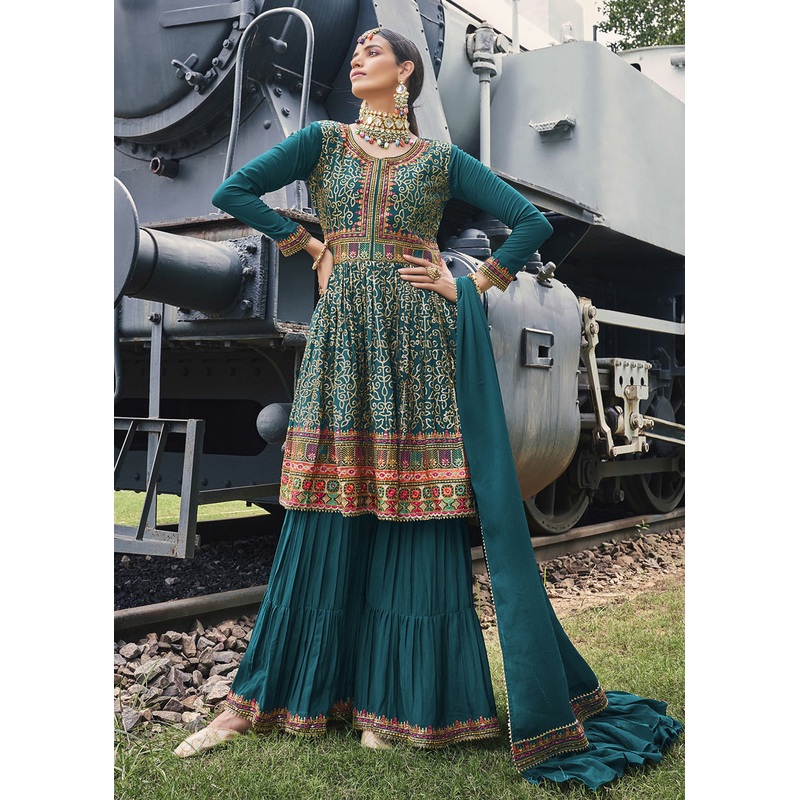 Party Style Stylish Teal Blue Chinon Palazzo Style Suit