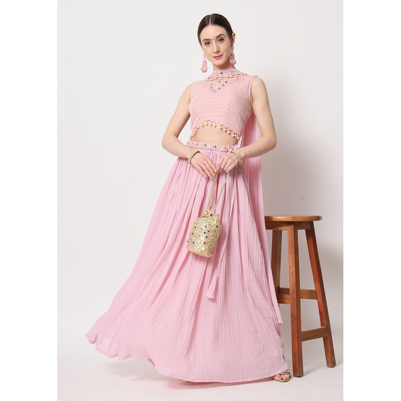 Party Wear Beauteous Pink Georgette Crushed Lehenga Choli