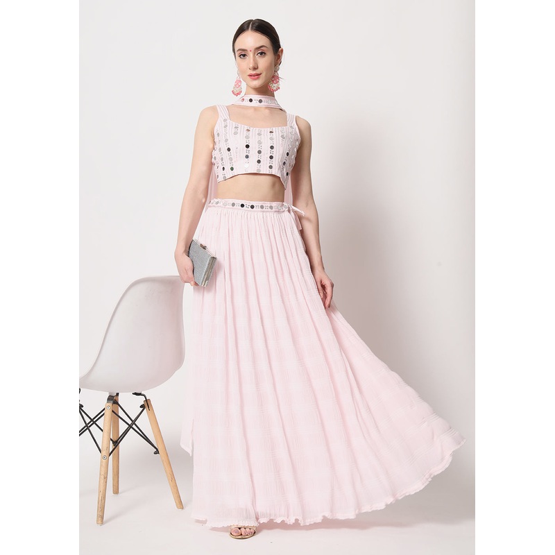 Party Wear Elegant Baby Pink Georgette Crushed Lehenga Choli