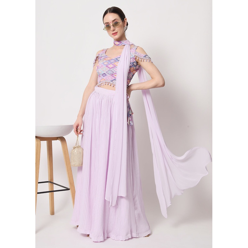 Party Wear Engaging Lavender Georgette Crushed Lehenga Choli