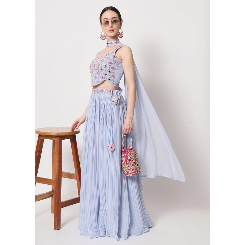 Party Wear Exquisite Sky-Blue Georgette Crushed Lehenga Choli