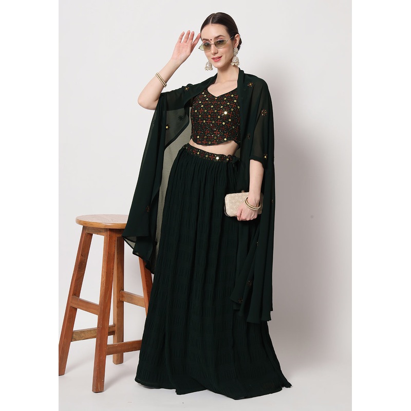 Party Wear Gorgeous Green Georgette Crushed Lehenga Choli